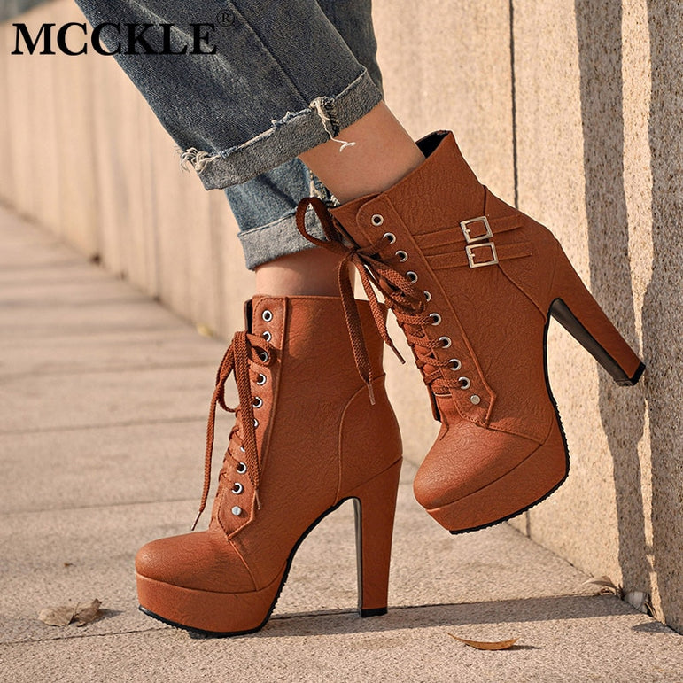 Lace Up Ankle Boots Women Platform High Heels