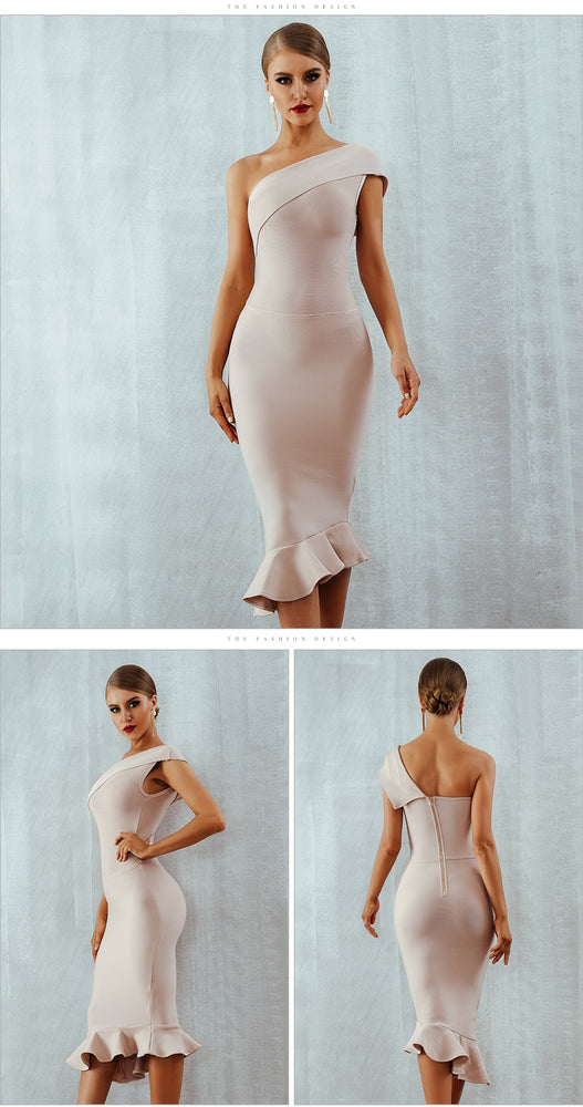 One Shoulder Sleeveless Ruffles Nightclub Dress