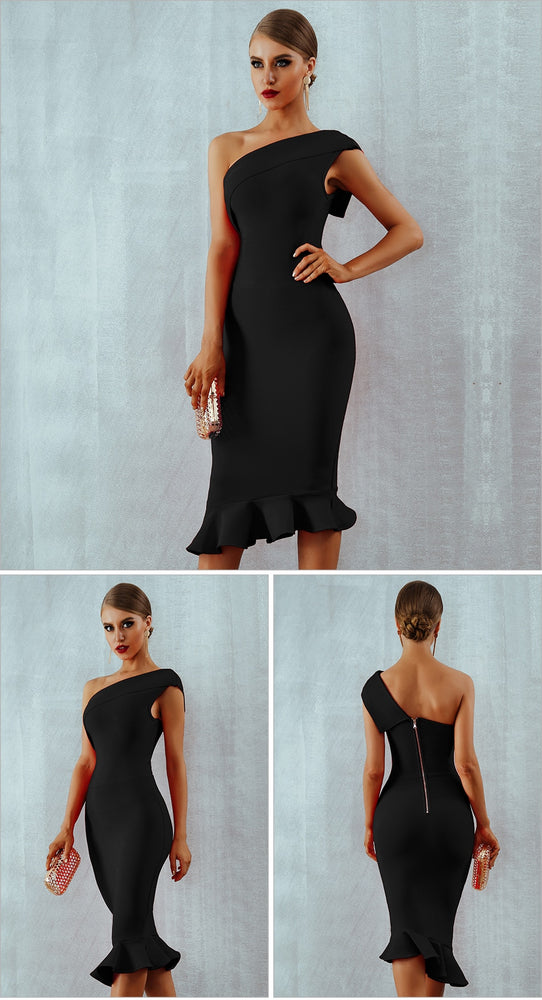 One Shoulder Sleeveless Ruffles Nightclub Dress