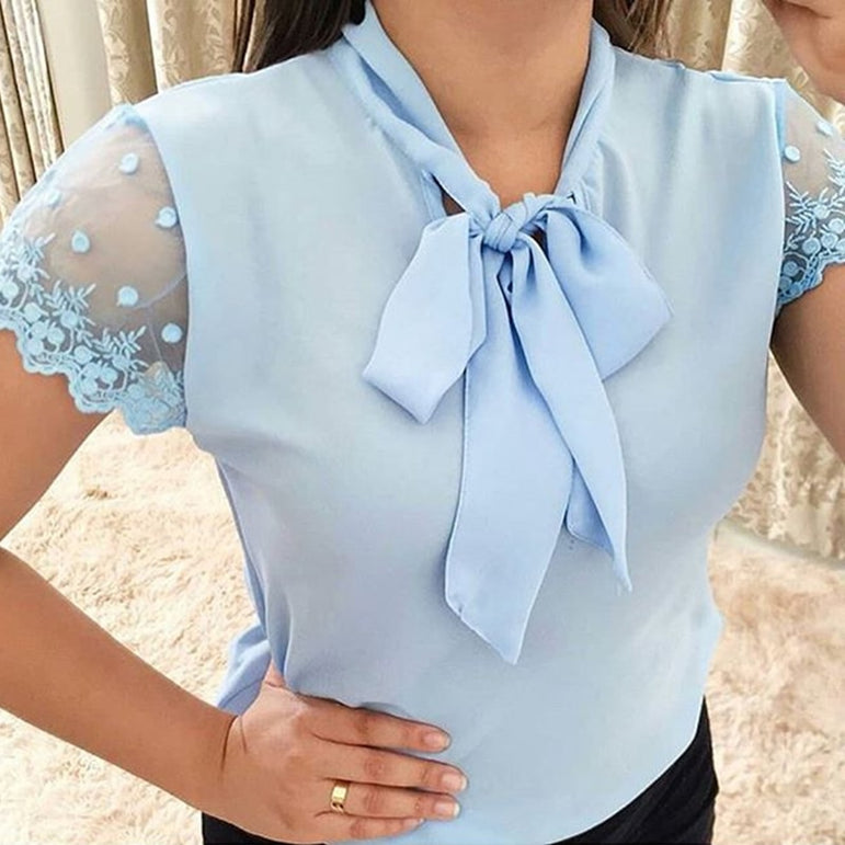 Lace Up Bow Tie Short Sleeve Chiffon Blouse