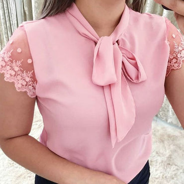 Lace Up Bow Tie Short Sleeve Chiffon Blouse