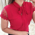 Lace Up Bow Tie Short Sleeve Chiffon Blouse