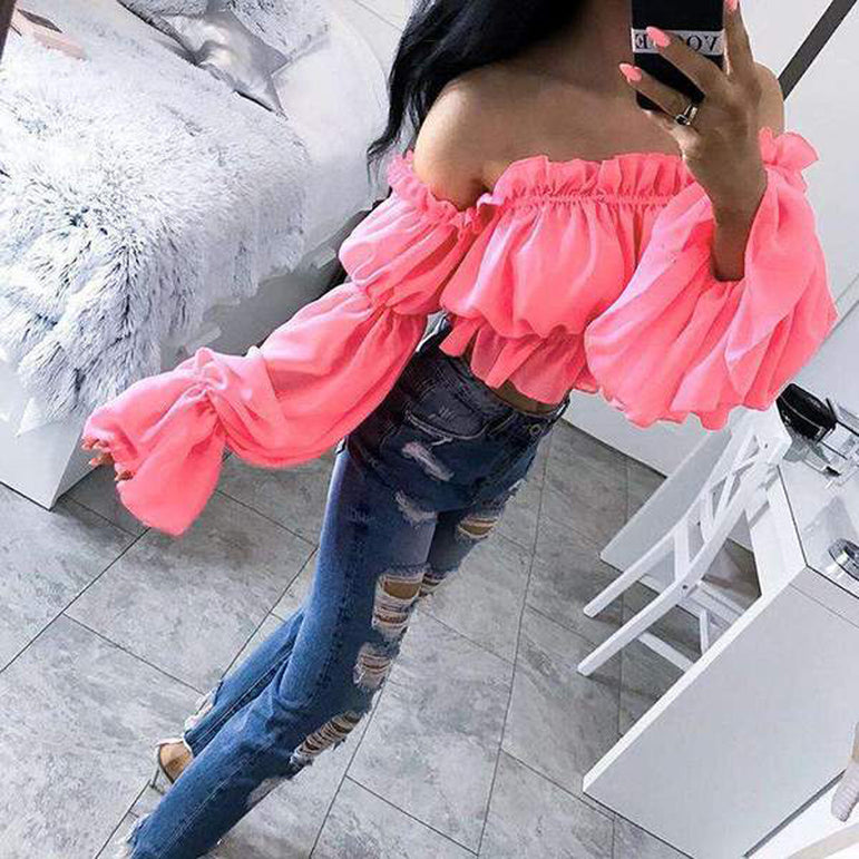 Off Shoulder Chiffon Long Puff Sleeve Crop Tops