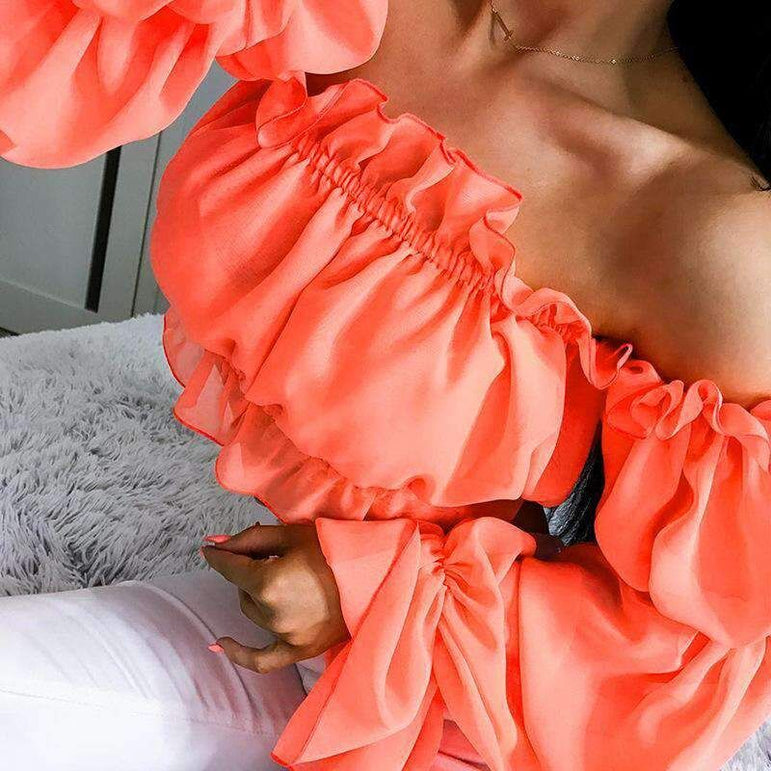 Off Shoulder Chiffon Long Puff Sleeve Crop Tops