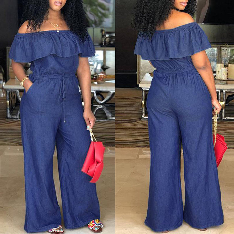 Off Shoulder Long Romper Ruffles Jumpsuit