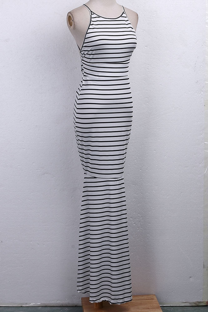 Long Vintage Boho Striped Backless Strap Dress