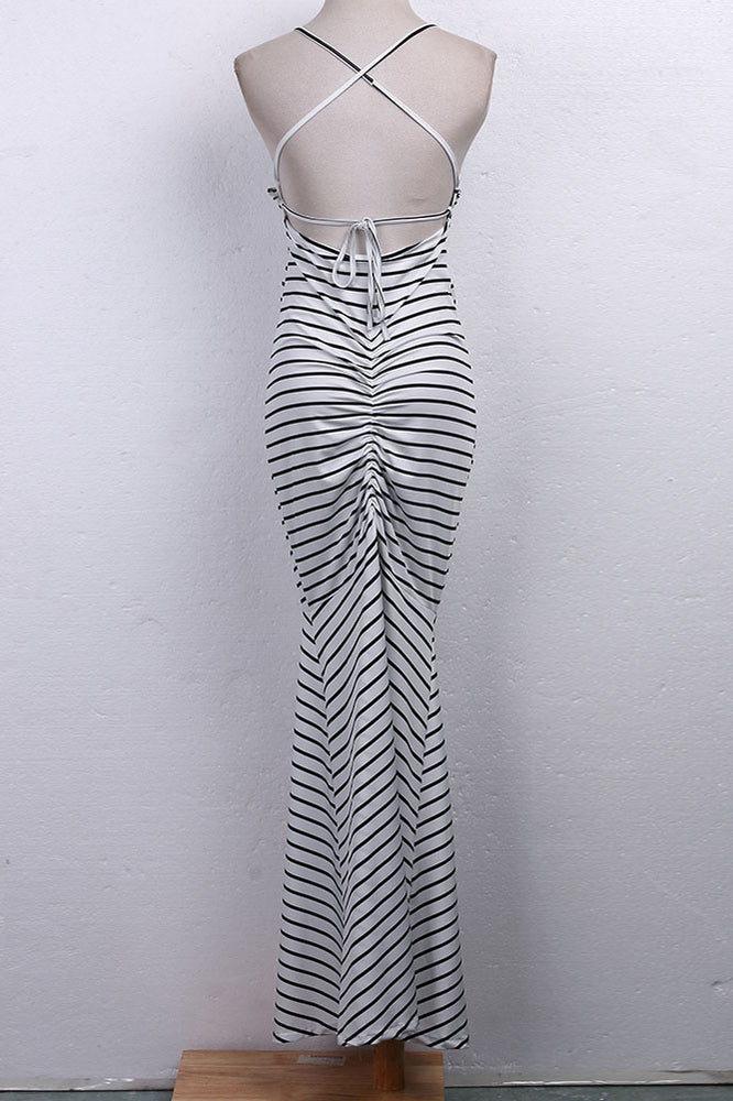 Long Vintage Boho Striped Backless Strap Dress