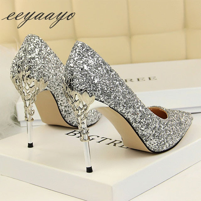 Pointed Toe Metal Women Pumps Thin High Heels