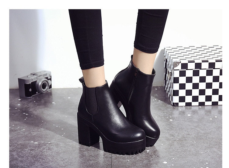 Leather Women  Round Toe Thick Heels