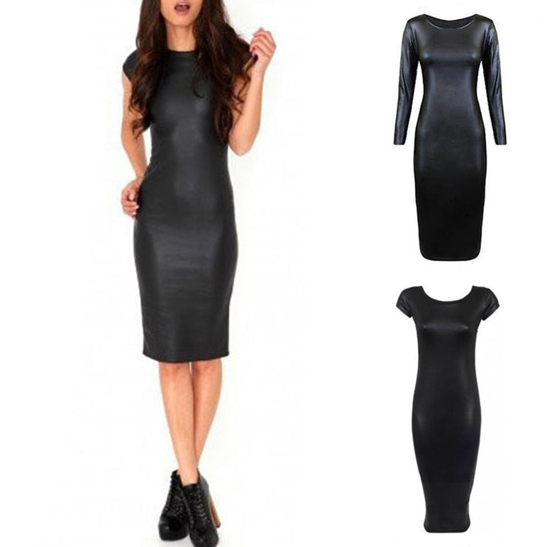 Long Sleeve Leather Club Pencil Stretch Dress