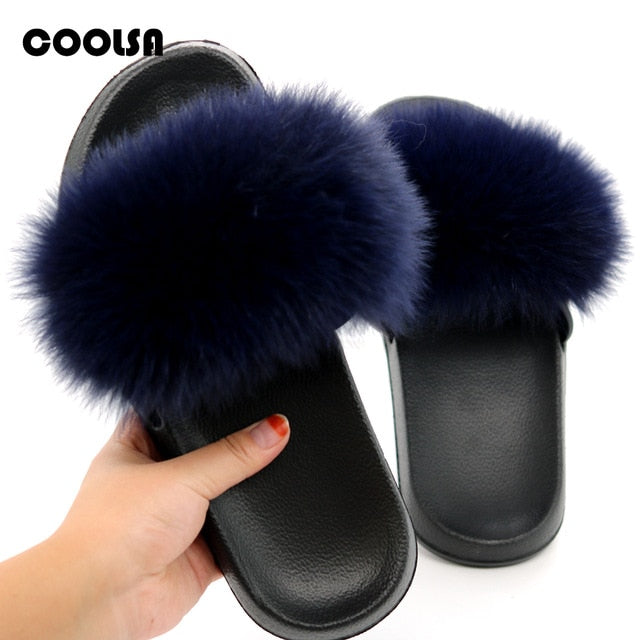 Indoor Flip Flops Women Fox Fur Slippers