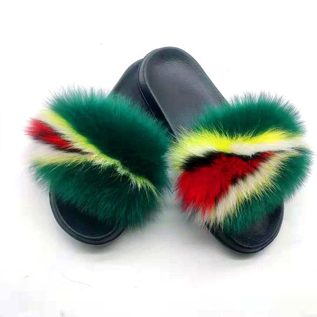 Indoor Flip Flops Women Fox Fur Slippers