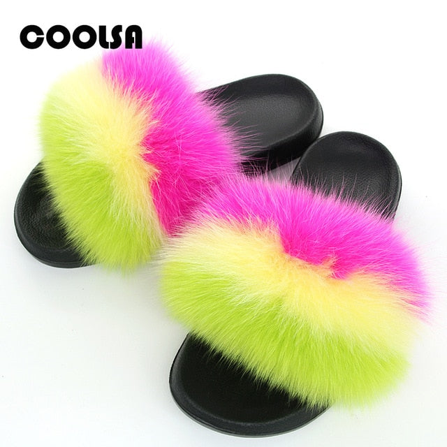 Indoor Flip Flops Women Fox Fur Slippers