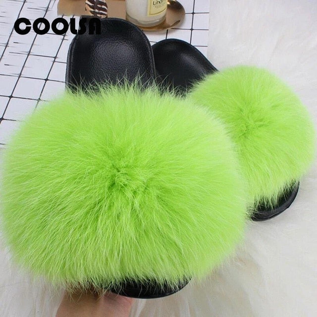 Indoor Flip Flops Women Fox Fur Slippers