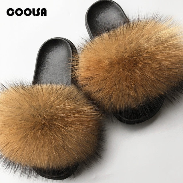 Indoor Flip Flops Women Fox Fur Slippers