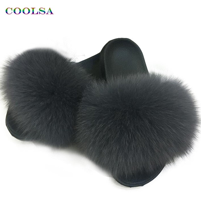 Indoor Flip Flops Women Fox Fur Slippers