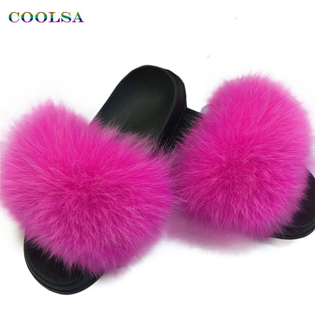 Indoor Flip Flops Women Fox Fur Slippers