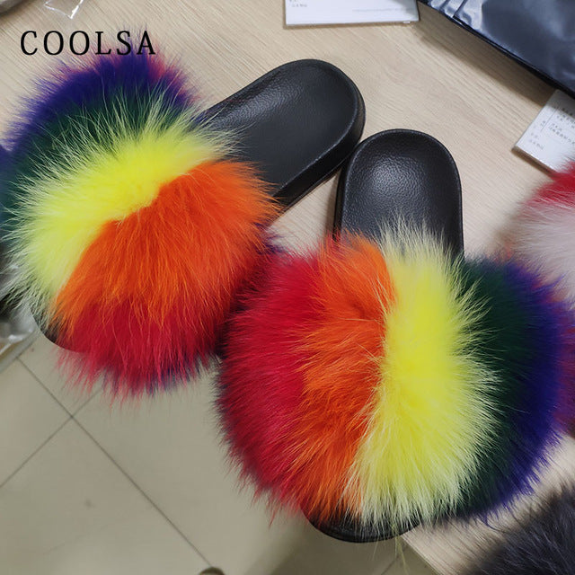 Indoor Flip Flops Women Fox Fur Slippers