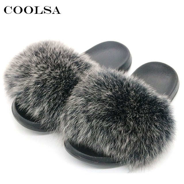 Indoor Flip Flops Women Fox Fur Slippers