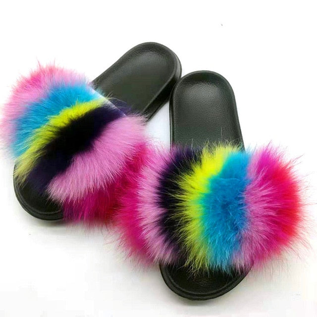 Indoor Flip Flops Women Fox Fur Slippers