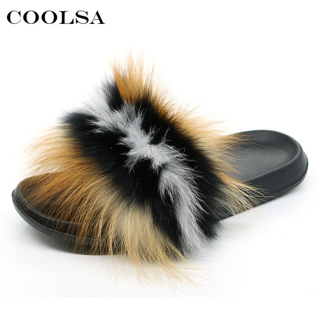 Indoor Flip Flops Women Fox Fur Slippers