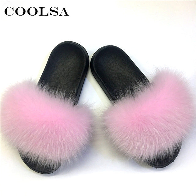 Indoor Flip Flops Women Fox Fur Slippers