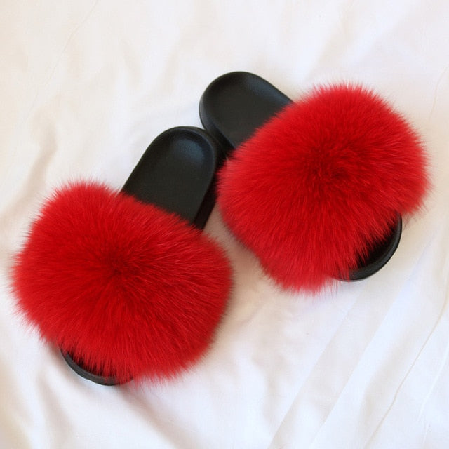 Indoor Flip Flops Women Fox Fur Slippers