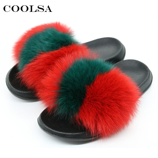 Indoor Flip Flops Women Fox Fur Slippers