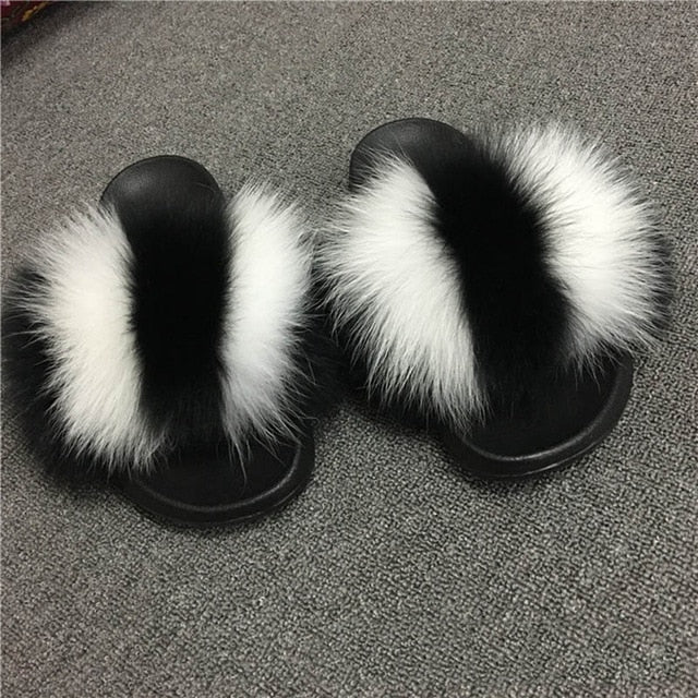 Indoor Flip Flops Women Fox Fur Slippers