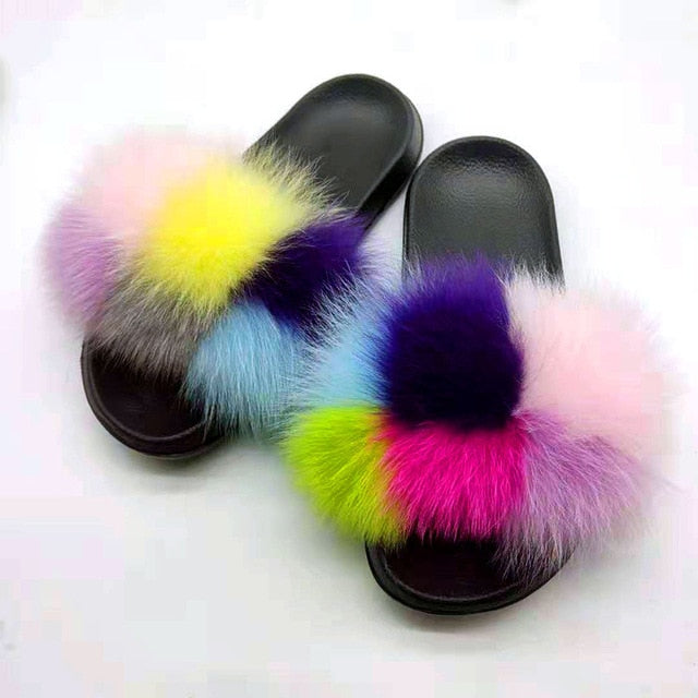 Indoor Flip Flops Women Fox Fur Slippers