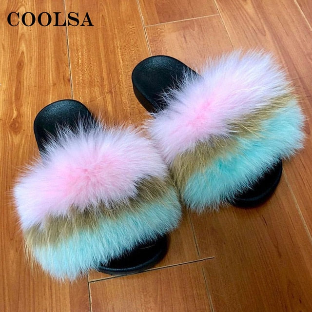 Indoor Flip Flops Women Fox Fur Slippers