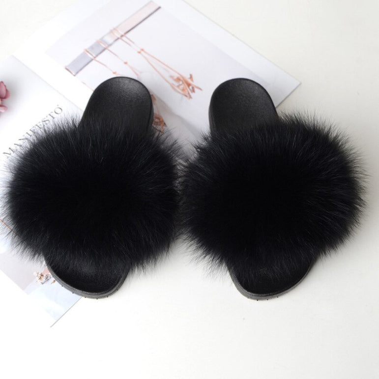 Non slip Fox Fur Slides Women Furry Slippers