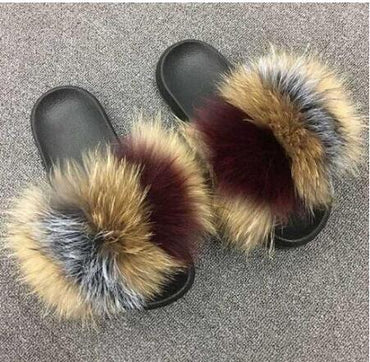 Non slip Fox Fur Slides Women Furry Slippers