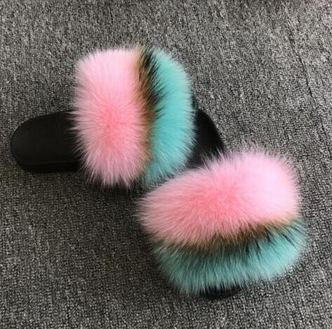 Non slip Fox Fur Slides Women Furry Slippers