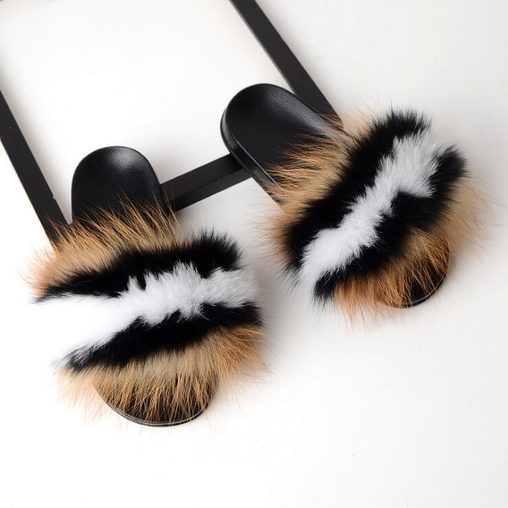 Non slip Fox Fur Slides Women Furry Slippers