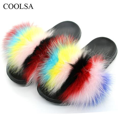 Non slip Fox Fur Slides Women Furry Slippers