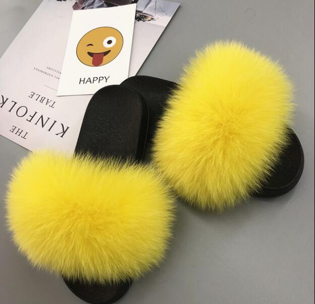 Non slip Fox Fur Slides Women Furry Slippers