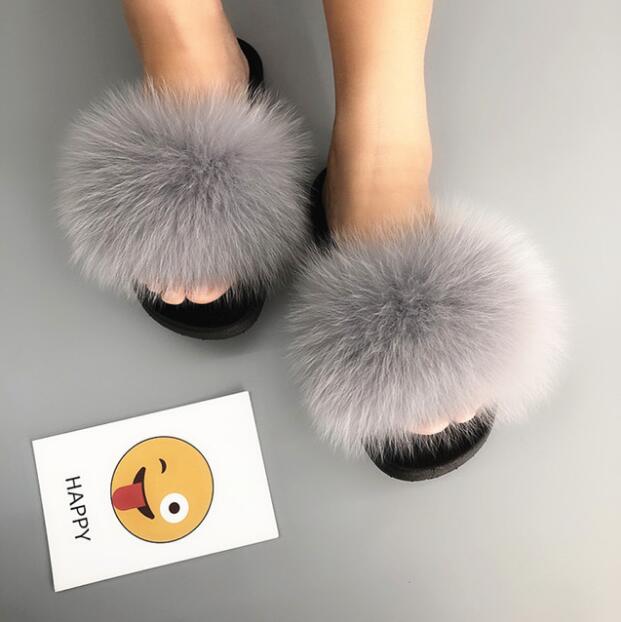 Non slip Fox Fur Slides Women Furry Slippers