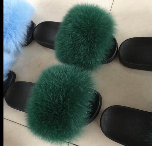 Non slip Fox Fur Slides Women Furry Slippers