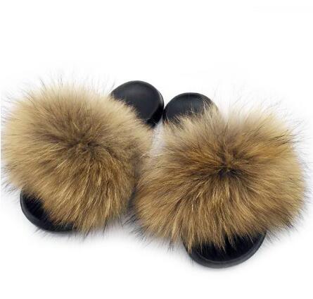 Non slip Fox Fur Slides Women Furry Slippers