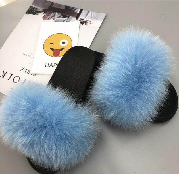 Non slip Fox Fur Slides Women Furry Slippers