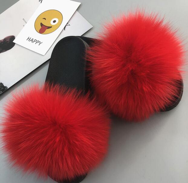 Non slip Fox Fur Slides Women Furry Slippers