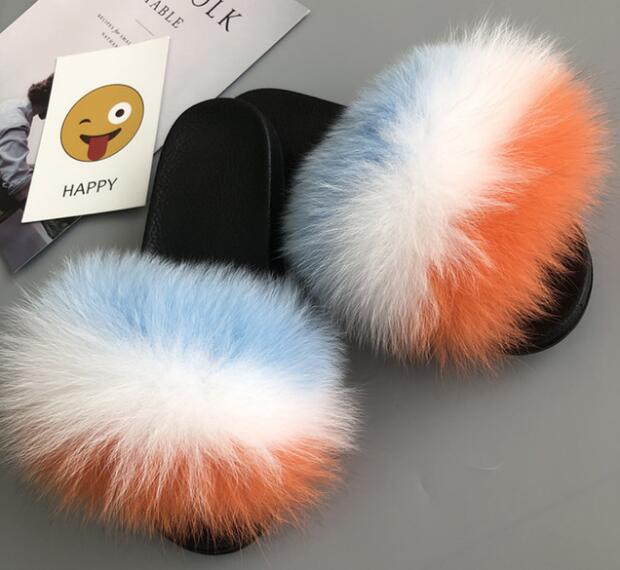 Non slip Fox Fur Slides Women Furry Slippers