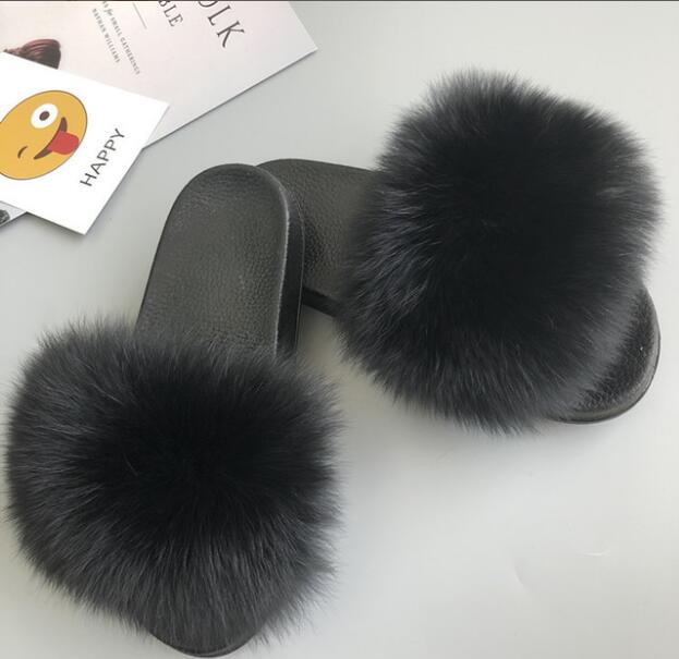 Non slip Fox Fur Slides Women Furry Slippers