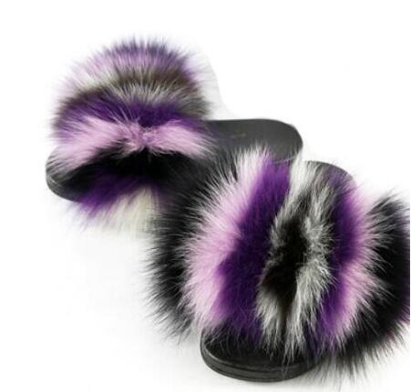 Non slip Fox Fur Slides Women Furry Slippers