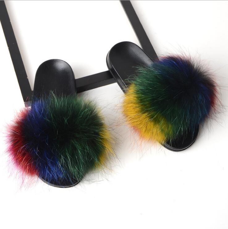 Non slip Fox Fur Slides Women Furry Slippers