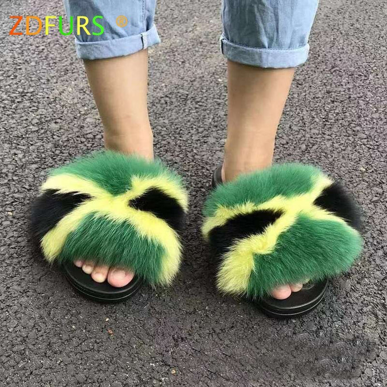 Furry Indoor Flip Flops Fox Fur Slippers