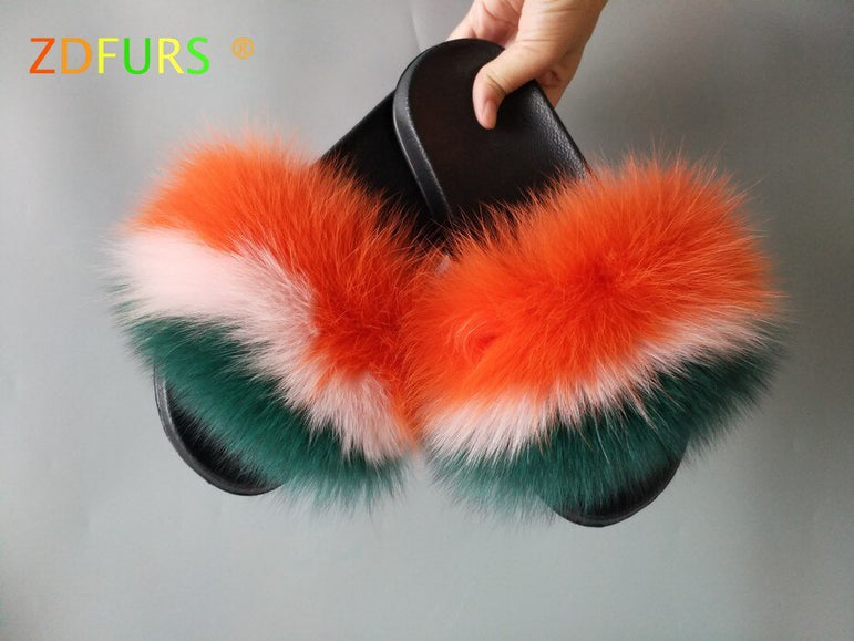 Furry Indoor Flip Flops Fox Fur Slippers