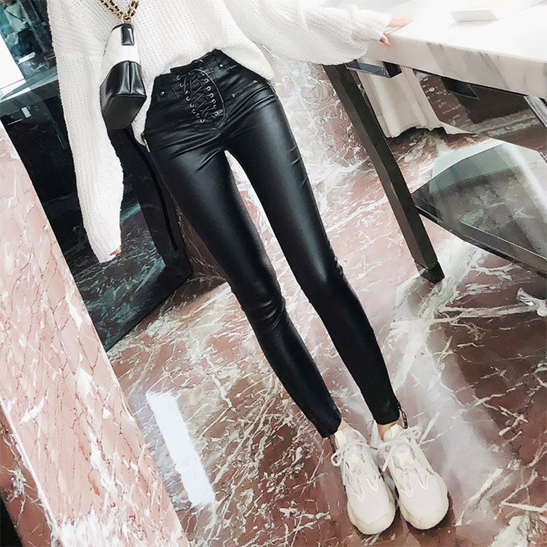 High Waist Leather Lace-up Skinny Pencil Pants