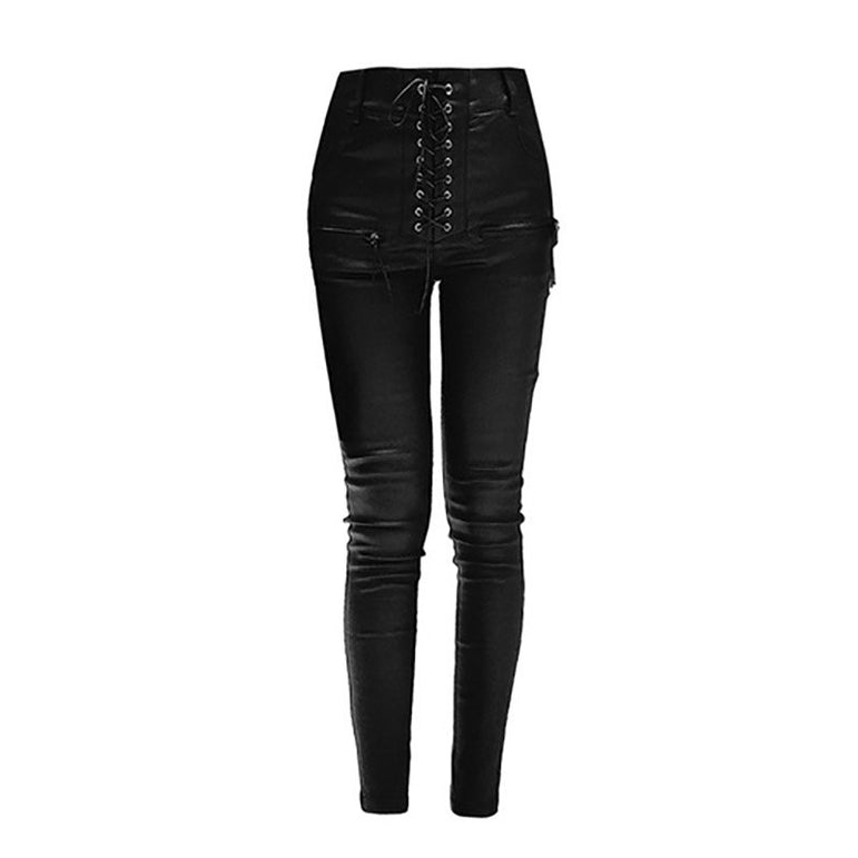 High Waist Leather Lace-up Skinny Pencil Pants